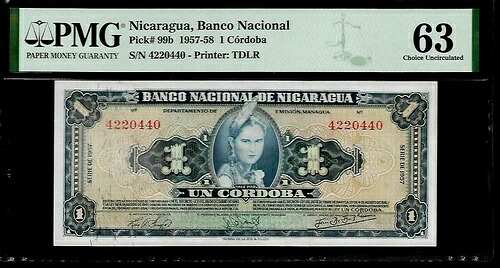 ニカラグア 1 コルドバ 1957 PMG 63 UNC P # 99b バンコ ナシオナル｜WORLD RESOURCE【QUEEN店】