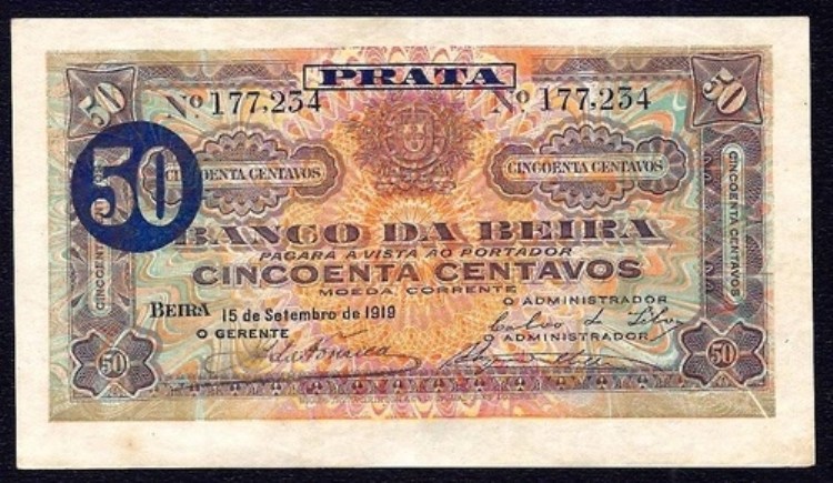 モザンビーク BANCO DA BEIRA 50 CENTAVOS 1919 P-R4a aUNC｜WORLD RESOURCE【QUEEN店】