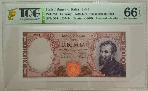 イタリア 10000 リラ 1973 P-97 UNC 66GEPQ ミケランジェロ 希少 / レオパード シリアルナンバー|WORLD RESOURCE【QUEEN店】