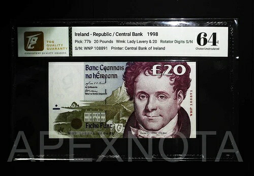 アイルランド共和国 20ポンド 1998年 P77 CU 64 チョイス UNC プレユーロ ローテーター数字 S/N｜WORLD RESOURCE【QUEEN店】