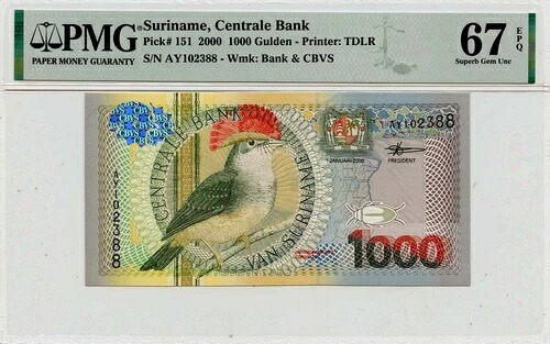 2000 1000 グルデン スリナム セントラル銀行 ピック番号 SUR151 PMG 67 EPQ|WORLD RESOURCE【QUEEN店】
