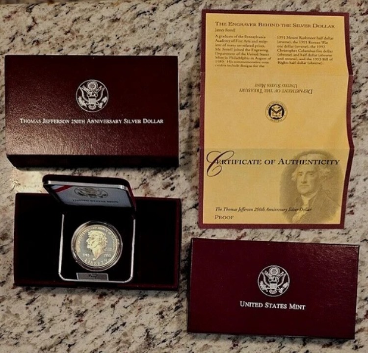 1993年 プルーフ トーマス・ジェファーソン 250周年記念銀貨 1ドル US UNC OGP/COA|WORLD RESOURCE【QUEEN店】