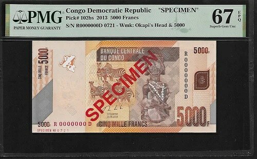 コンゴ民主共和国 標本 5000フラン 2013 PMG 67 EPQ UNC P#102bs｜WORLD RESOURCE【QUEEN店】 42,240円