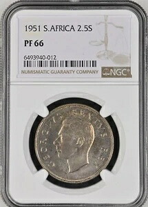 南アフリカ 2 1/2シリング 1951年、PF 66 GEM UNC BU プルーフ、トーン＆光沢あり。A2｜WORLD RESOURCE【QUEEN店】