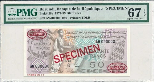 ブルンジ共和国銀行 50 フラン 1988 標本 PMG 67EPQ|WORLD RESOURCE【QUEEN店】