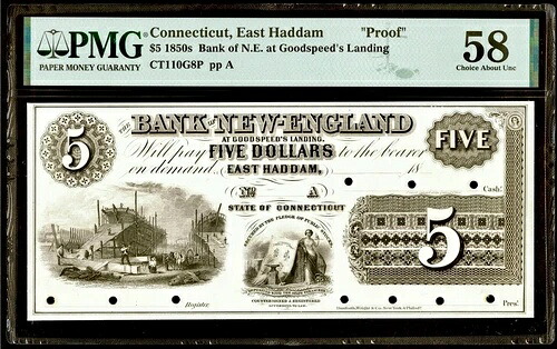 1850年代 イースト・ハダム・コネチカット州 ニューイングランド銀行 プルーフ 5ドル 旧式通貨 PMG AU58｜WORLD RESOURCE【QUEEN店】