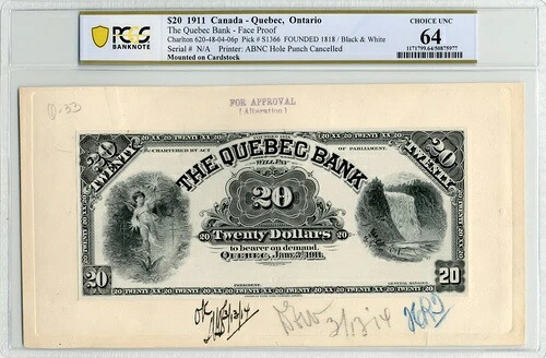 1911年 20ドル ケベック銀行、表面と裏面の承認証明セット - PCGS Choice UNC 64｜WORLD RESOURCE【QUEEN店】