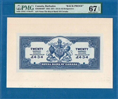 カナダ、バルバドス、20ドル、バックプルーフ、1920年、極上品 UNC-PMG67EPQ｜WORLD RESOURCE【QUEEN店】