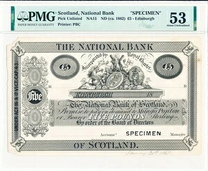 スコットランド国立銀行 5ポンド ND(1862) 見本 PMG 53｜WORLD RESOURCE【QUEEN店】
