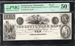 1830年代～40年代 10ドル札 サザク銀行 フィラデルフィア、ペンシルベニア州 旧式プルーフ PMG AU-50｜WORLD RESOURCE【QUEEN店】