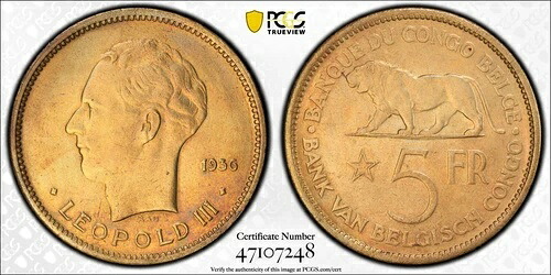 ベルギー領コンゴ 5フラン 1936年、PCGS MS 63 Choice UNC、光沢仕上げの希少タイプ。R7。|WORLD RESOURCE【QUEEN店】