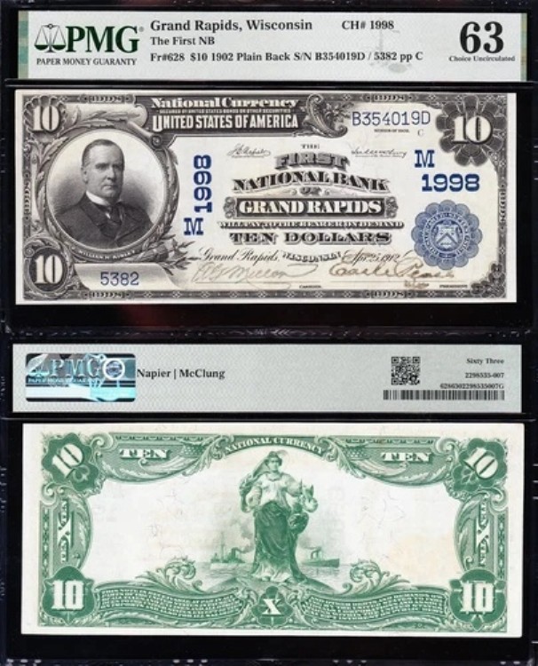 素晴らしい*希少*チョイス UNC 1902 $10 グランドラピッズ、ウィスコンシン州ナショナル! PMG 63! 54019D|WORLD RESOURCE【QUEEN店】