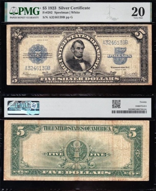素晴らしい*希少*大胆で鮮明なVF 1923 $5「PORTHOLE」銀券 PMG 20! 46139B｜WORLD RESOURCE【QUEEN店】 273,735円