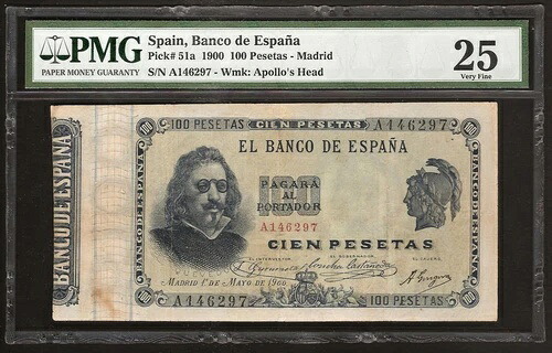 スペイン 100ペセタ 1900 P:51a VF (25 PMG) スペイン銀行 非常に希少|WORLD RESOURCE【QUEEN店】