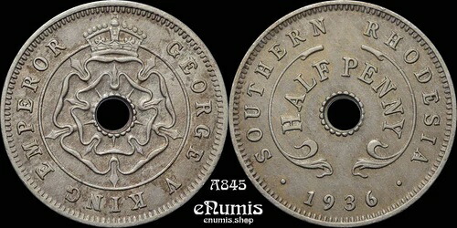 南ローデシア、ジョージ5世、1/2ハーフペニー、1936年、希少！、トーンあり、UNC｜WORLD RESOURCE【QUEEN店】