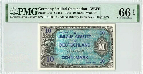 ドイツ 10 マーク 1944 "F"、P-194a 連合軍占領 第二次世界大戦、PMG 66 EPQ Gem UNC レア|WORLD RESOURCE【QUEEN店】