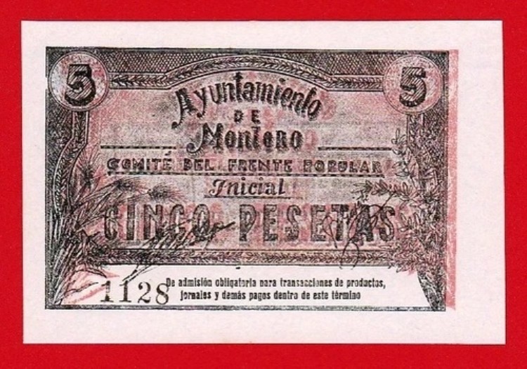 非常に希少、Gem UNC、5ペセタ、（1937年）ND、モントロ市庁舎 - コルドバ、スペイン｜WORLD RESOURCE【QUEEN店】