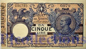 イタリア - イタリア 5 リラ 1925 年 12 月 20 日 ピック 23g UNC レア|WORLD RESOURCE【QUEEN店】