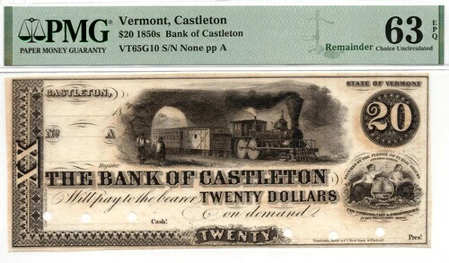 1850年代 バーモント州キャッスルトン銀行の20ドル硬貨（廃番）-PMG 63 EPQ - 希少！列車のビネット｜WORLD RESOURCE【QUEEN店】