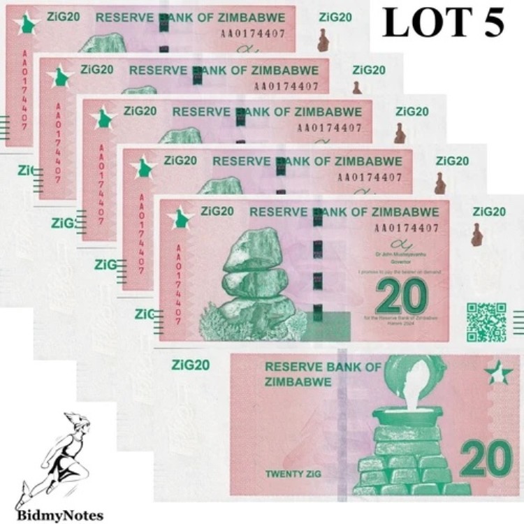 ジンバブエ 20 Zig 2024 P 111 UNC AA ファーストプレフィックス 1/20 バンドル ロット 5個｜WORLD RESOURCE【QUEEN店】