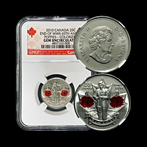 カナダ、2010年、25セント - NGC GEM UNC - 第二次世界大戦65周年記念(カラー化)|WORLD RESOURCE【QUEEN店】
