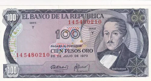 コロンビア、100 ペソ オロ、1973、UNC、p415、シリアル番号: Y/145480210|WORLD RESOURCE【QUEEN店】