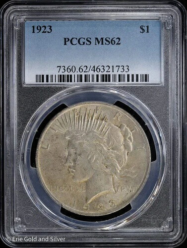 1923-P 1ドル ピース銀貨 PCGS MS 62 | 未使用 UNC|WORLD RESOURCE【QUEEN店】