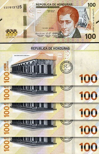 ホンジュラス 100 レンピラ 2022 (2024)、UNC、5 枚ロット、連続、P-112、プレフィックス CZ|WORLD RESOURCE【QUEEN店】
