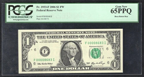 FR. 1933-F 2006 $1 FW FRN アトランタ、ジョージア州「LOWシリアル#8683」PCGS GEM UNC-65PPQ｜WORLD RESOURCE【QUEEN店】