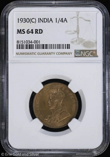 1930年-(C) インド 1/4 アンナ NGC MS 64 RD | 未使用 UNC BU｜WORLD RESOURCE【QUEEN店】