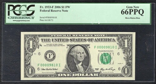 FR. 1933-F 2006 $1 FW FRN アトランタ、ジョージア州「LOWシリアル#9810」PCGS GEM UNC-66PPQ|WORLD RESOURCE【QUEEN店】