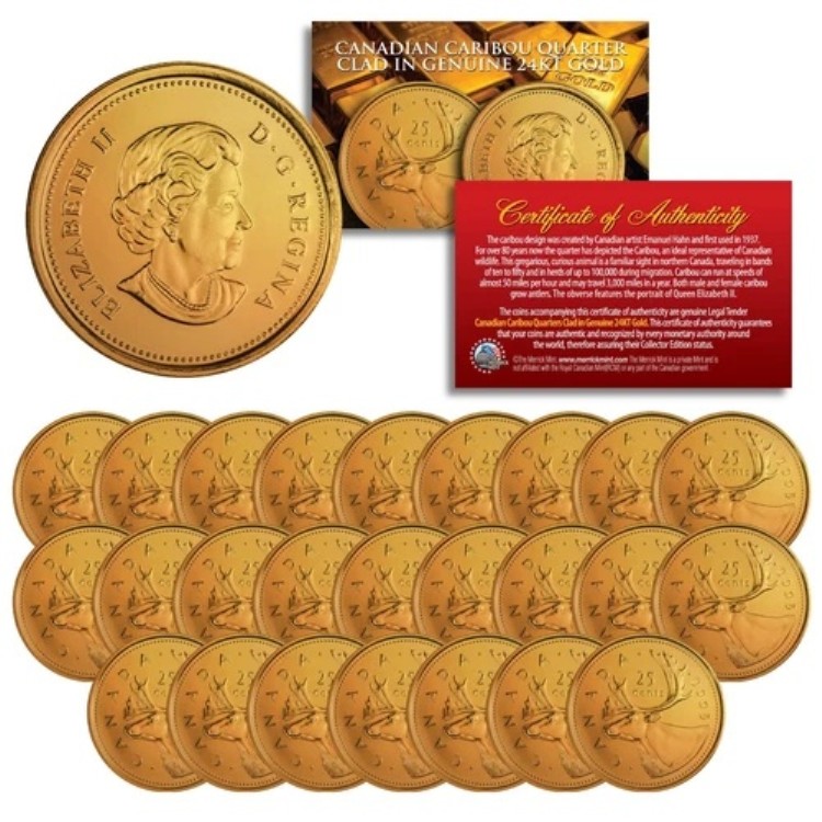 2005年 カナダ カリブー クォーター UNC エリザベス2世 24K ゴールドメッキ - 25枚セット｜WORLD RESOURCE【QUEEN店】 26,455円