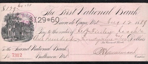 1889年 129.60ドル ファースト・ナショナル・バンク ハーヴェ・ド・グレース、メリーランド州 銀行小切手|WORLD RESOURCE【QUEEN店】