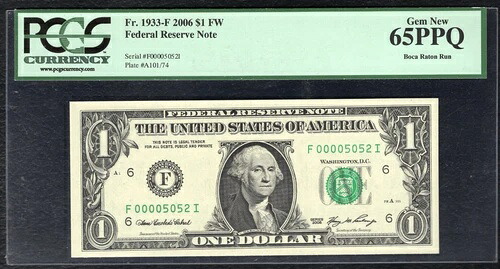 FR. 1933-F 2006 $1 FW FRN アトランタ、ジョージア州「LOWシリアル#5052」PCGS GEM UNC-65PPQ|WORLD RESOURCE【QUEEN店】