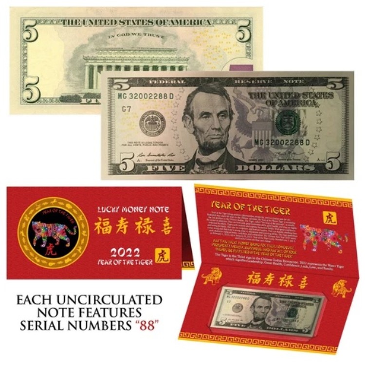 2022年 旧正月 寅年 縁起物 5ドル札 赤いフォルダー付き - S/N 88|WORLD RESOURCE【QUEEN店】