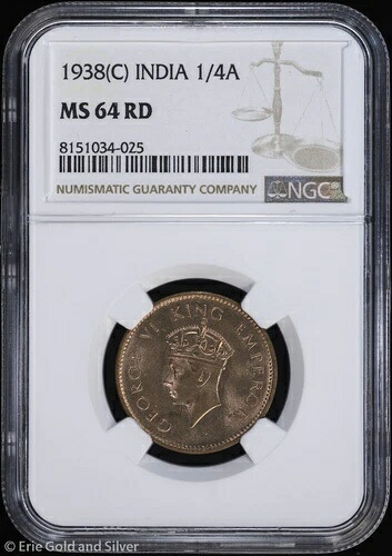 1938年-(C) インド 1/4 アンナ NGC MS 64 RD | 未使用 UNC BU｜WORLD RESOURCE【QUEEN店】