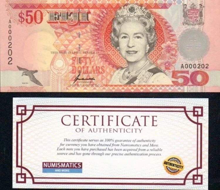 フィジー 50ドル 数量 1個 UNC 低シリアル番号 QEII KN-108a 2002｜WORLD RESOURCE【QUEEN店】