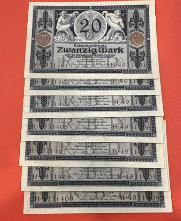 ドイツ 20 マーク 1915、UNC、P-63、完全な透かし入り 7個セット。｜WORLD RESOURCE【QUEEN店】
