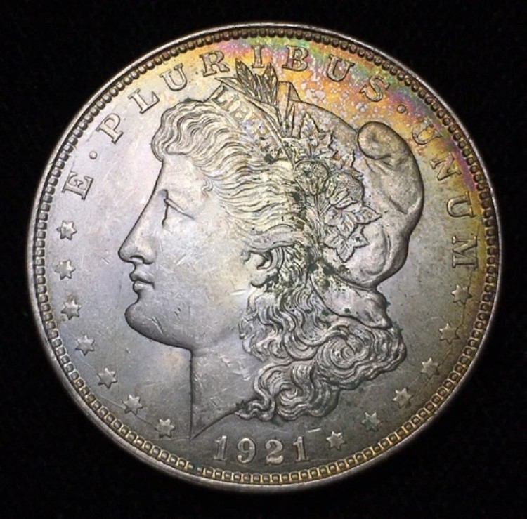 1921年製 モーガン銀貨 1ドル 虹色仕上げ。AU+ UNC！美しい両面リム、虹色仕上げ！｜WORLD RESOURCE【QUEEN店】 40,040円