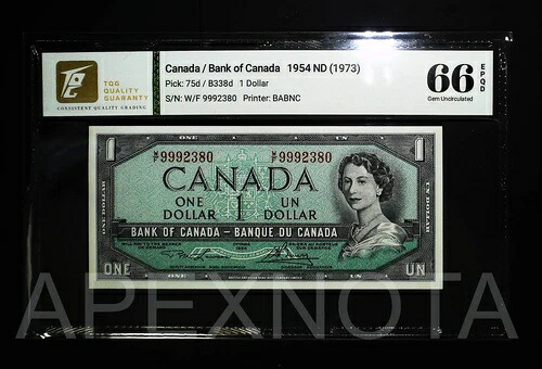 カナダ $1 1954 1973 P75 BC-29a GEM UNC 66 QEII HIGH S/N FANCY 999 LAWSON BOUEY｜WORLD RESOURCE【QUEEN店】