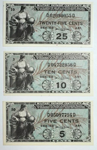 5、10、25セントの米国MPCシリーズ481軍事支払証明書UNC｜WORLD RESOURCE【QUEEN店】