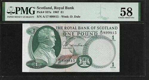 スコットランド 1ポンド 1967 PMG 58 ピック#327a シリーズ A/17、ロイヤル銀行|WORLD RESOURCE【QUEEN店】