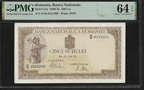 ルーマニア 500 レイ 1942 PMG 64 EPQ UNC ピック # 51a 国立銀行|WORLD RESOURCE【QUEEN店】