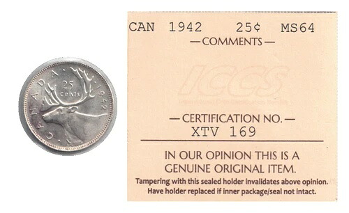 1942年 25セント カナダ銀行硬貨 ICCSグレード MS-64 (KM# 35)|WORLD RESOURCE【QUEEN店】