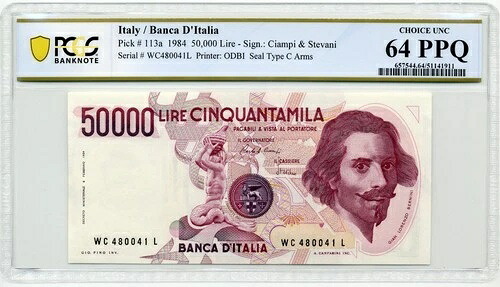 イタリア、1984年 50,000リラ、ピック番号113a - PCGS Choice UNC 64 PPQ｜WORLD RESOURCE【QUEEN店】