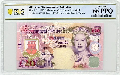 1995年 20ポンド ジブラルタル政府、ピック番号27a - PCGS GEM UNC 66 PPQ｜WORLD RESOURCE【QUEEN店】