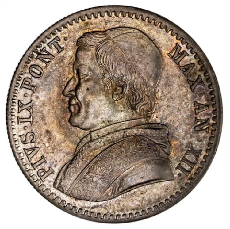 イタリア。教皇領1858年 XII-R 銀貨 20枚 バイオッキ 5.72グラム、23mm KM-1360 UNC|WORLD RESOURCE【QUEEN店】