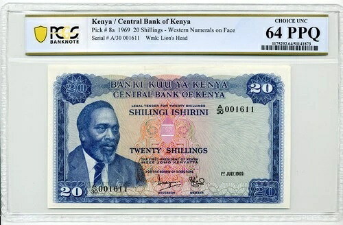 ケニア、1969年 20シリング、ピック番号8a - PCGS Choice UNC 64 PPQ|WORLD RESOURCE【QUEEN店】