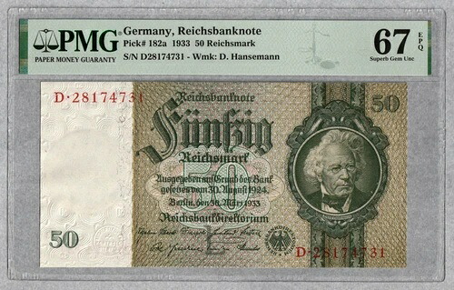 ドイツ 50 ライヒスマルク 1933 PMG UNC-67 EPQ|WORLD RESOURCE【QUEEN店】