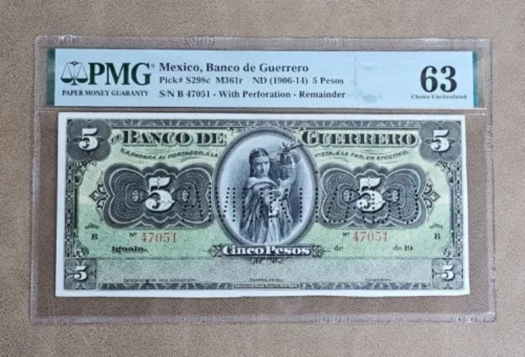 メキシコ バンコ デ ゲレーロ S298c M361r 1906-14 5 ペソ 穴あき PMG 63 Unc|WORLD RESOURCE【QUEEN店】